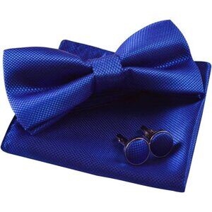 Mens Solid Color Mini Squares Formal Banded Pre-tied Bow Ties, Pocket Square